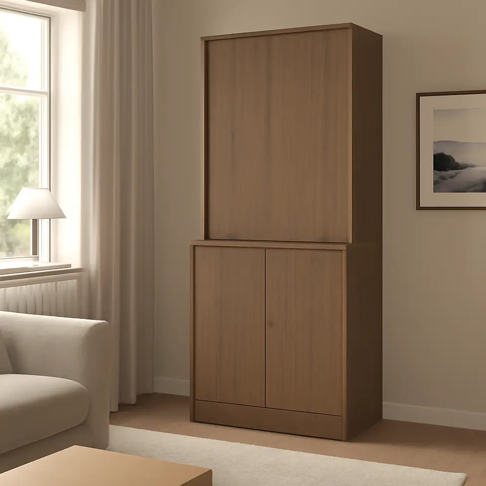 Møbelmontering TONSTAD Opbevaring med skydedøre, brun egetræsfiner med bejdse, 82x47x201 cm | Få et tilbud i dag