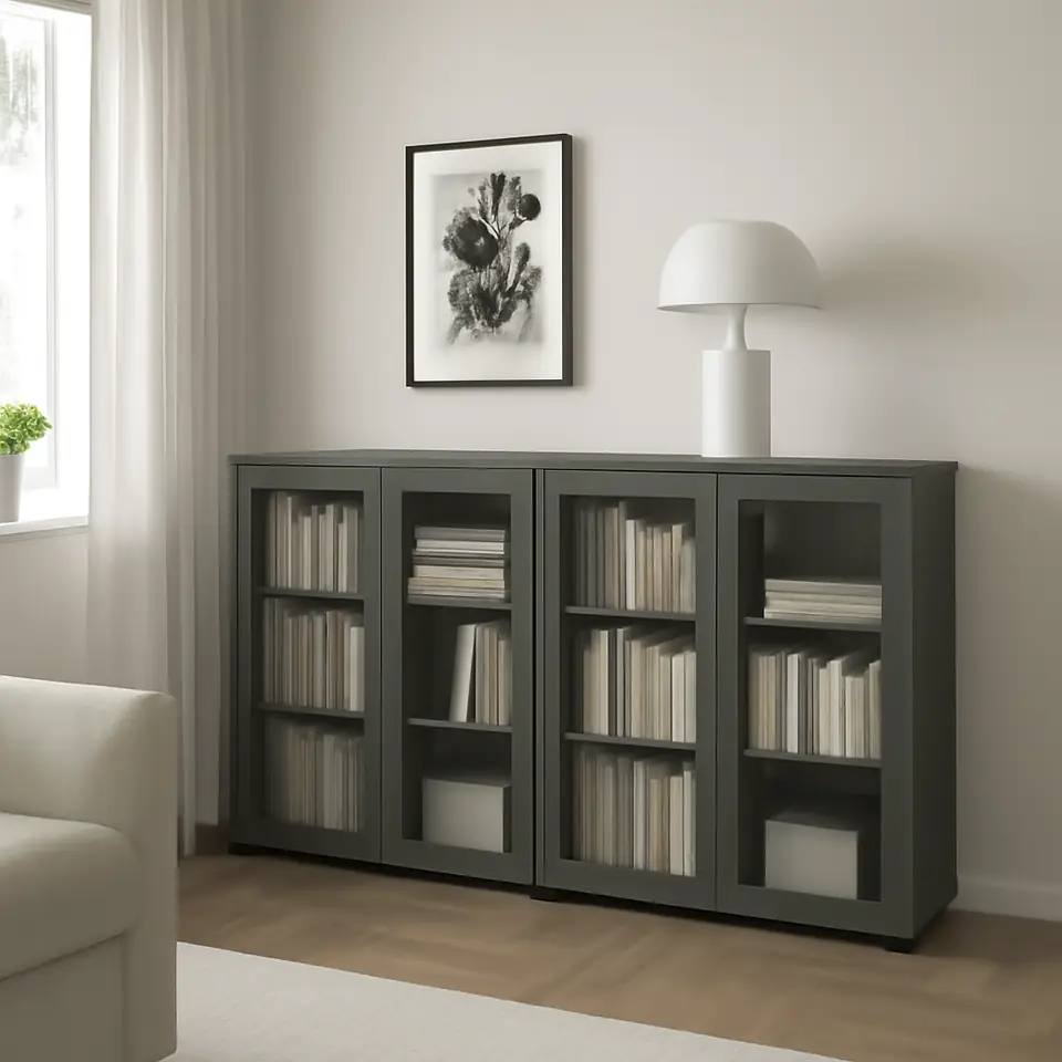 Møbelmontering VIHALS Opbevaringsløsning med vitrinelåger, mørkegrå/klart glas, 190x37x90 cm | Professionel Møbelmontør