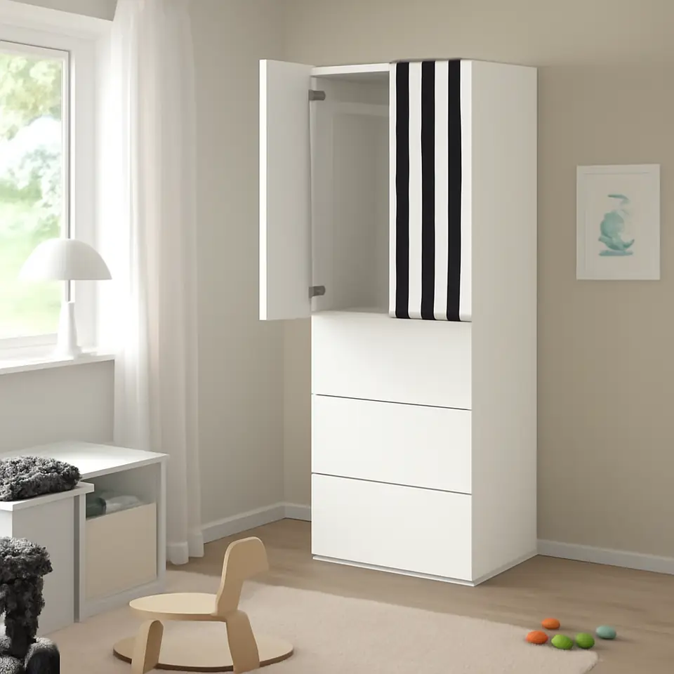 Møbelmontering SMÅSTAD / PLATSA Garderobeskab, hvid stribet/hvid med 3 skuffer, 60x57x181 cm | Billig & Hurtig i København