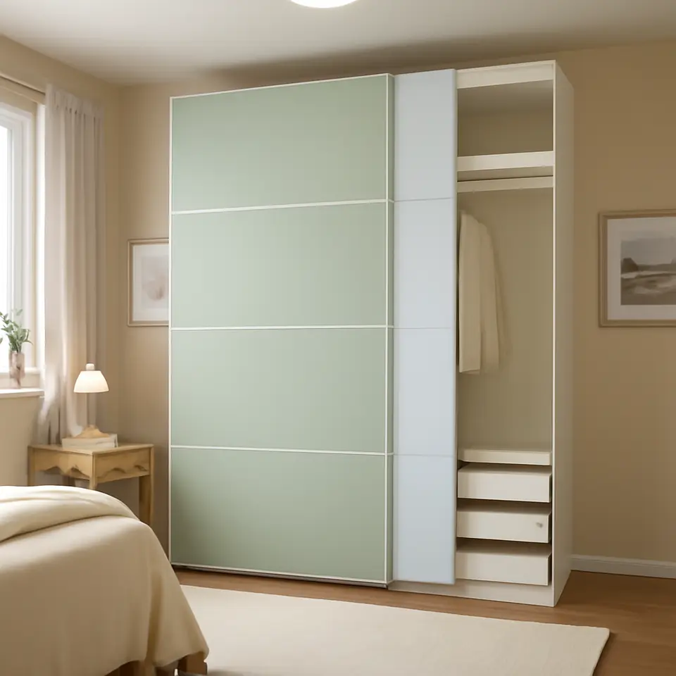 Møbelmontering PAX / MEHAMN/AULI Garderobe m skydedøre, hvid dobbeltsidet/lysegrøn spejl, 200x66x236 cm | Professionel Møbelmontør