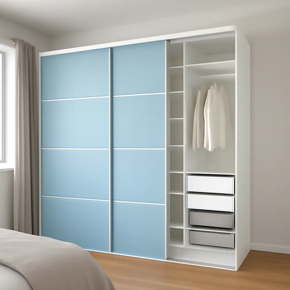 Møbelmontering SKYTTA / PAX Walk-in-closet med skydedøre, hvid dobbeltsidet/Mehamn lyseblå, 276x160x240 cm | Fast Pris i Storkøbenhavn