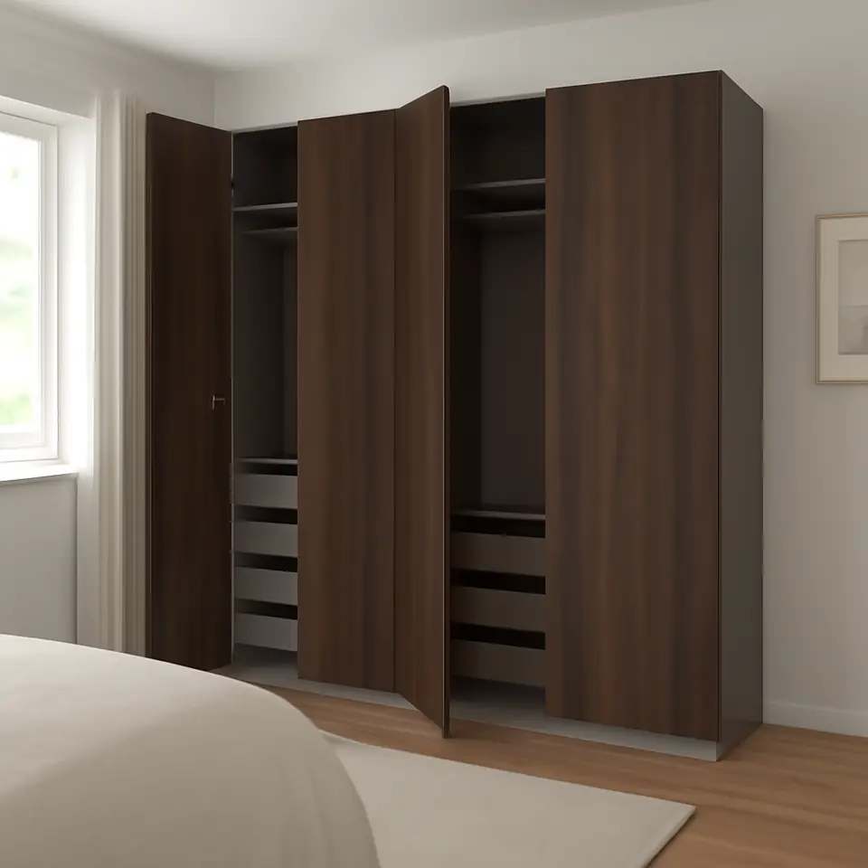 Møbelmontering PAX / STORKLINTA Garderobekombination, mørkegrå/mørkebrun bejdset egetræsmønster, 200x66x236 cm | Professionel Møbelmontør