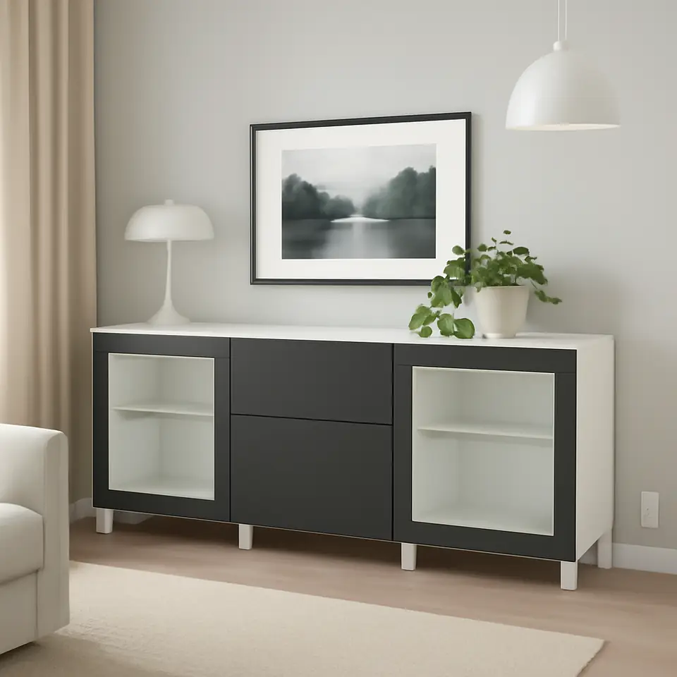 Møbelmontering BESTÅ Opbevaring med skuffer, hvid Lappviken/Sindvik/Stubbarp mørkegrå, 180x42x74 cm | Billig & Hurtig i København