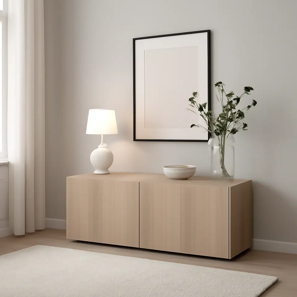 Møbelmontering BESTÅ Reol med døre, egetræsmønster med hvid bejdse/Lappviken egetræsmønster med hvid bejdse, 120x42x38 cm | Billig & Hurtig i København