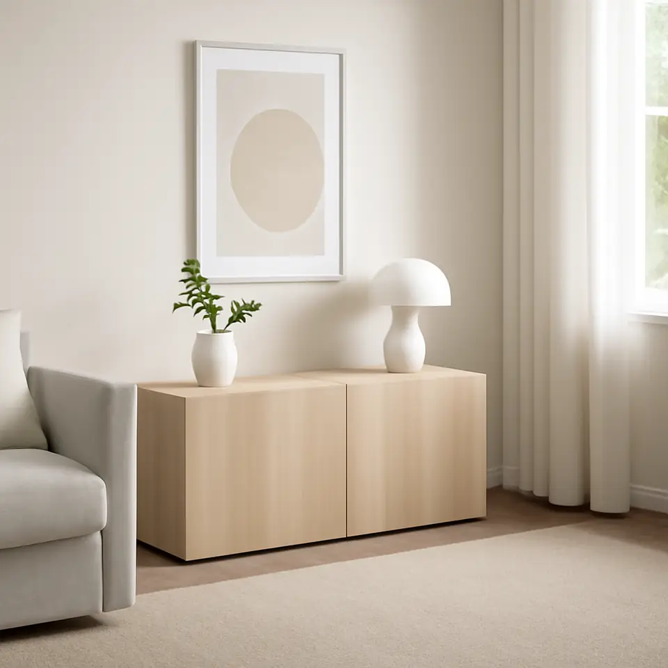 Møbelmontering BESTÅ Reol med døre, egetræsmønster med hvid bejdse/Lappviken egetræsmønster med hvid bejdse, 120x42x38 cm | Billig & Hurtig i København