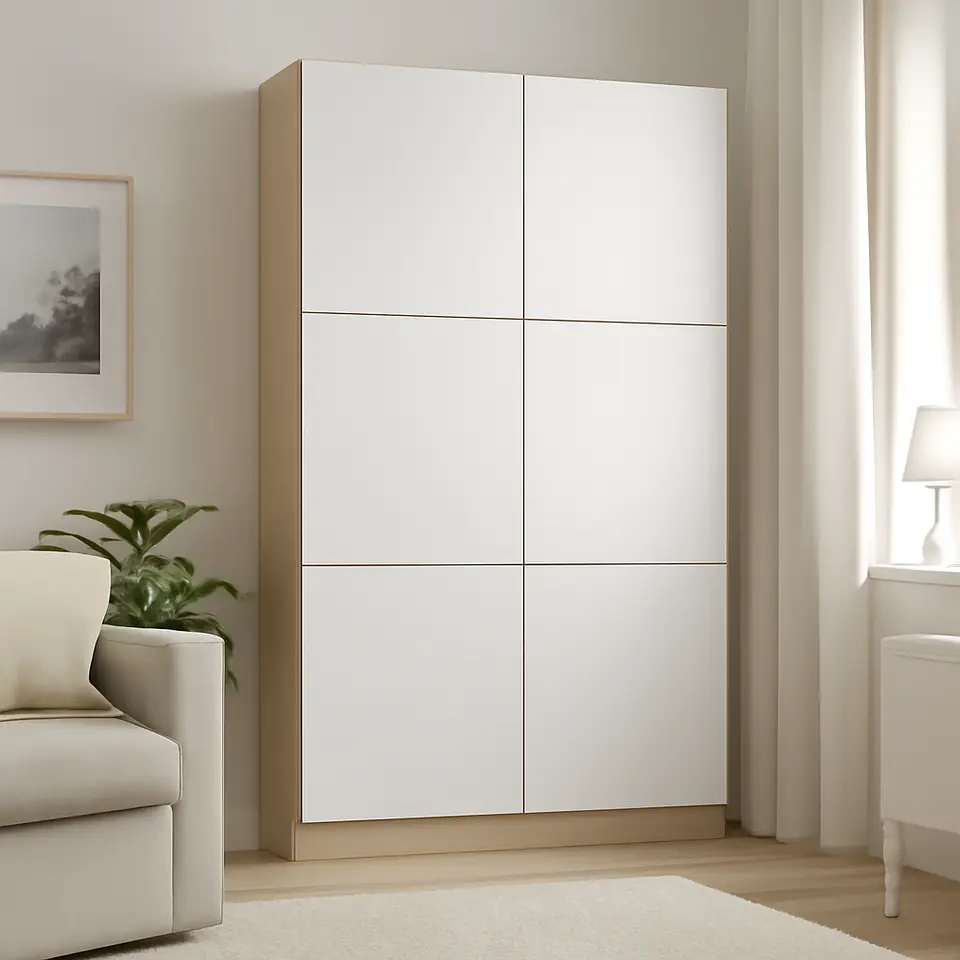 Møbelmontering BESTÅ Opbevaring med låger, egetræsmønster med hvid bejdse/Lappviken lysegrå, 120x42x193 cm | Billig & Hurtig i København