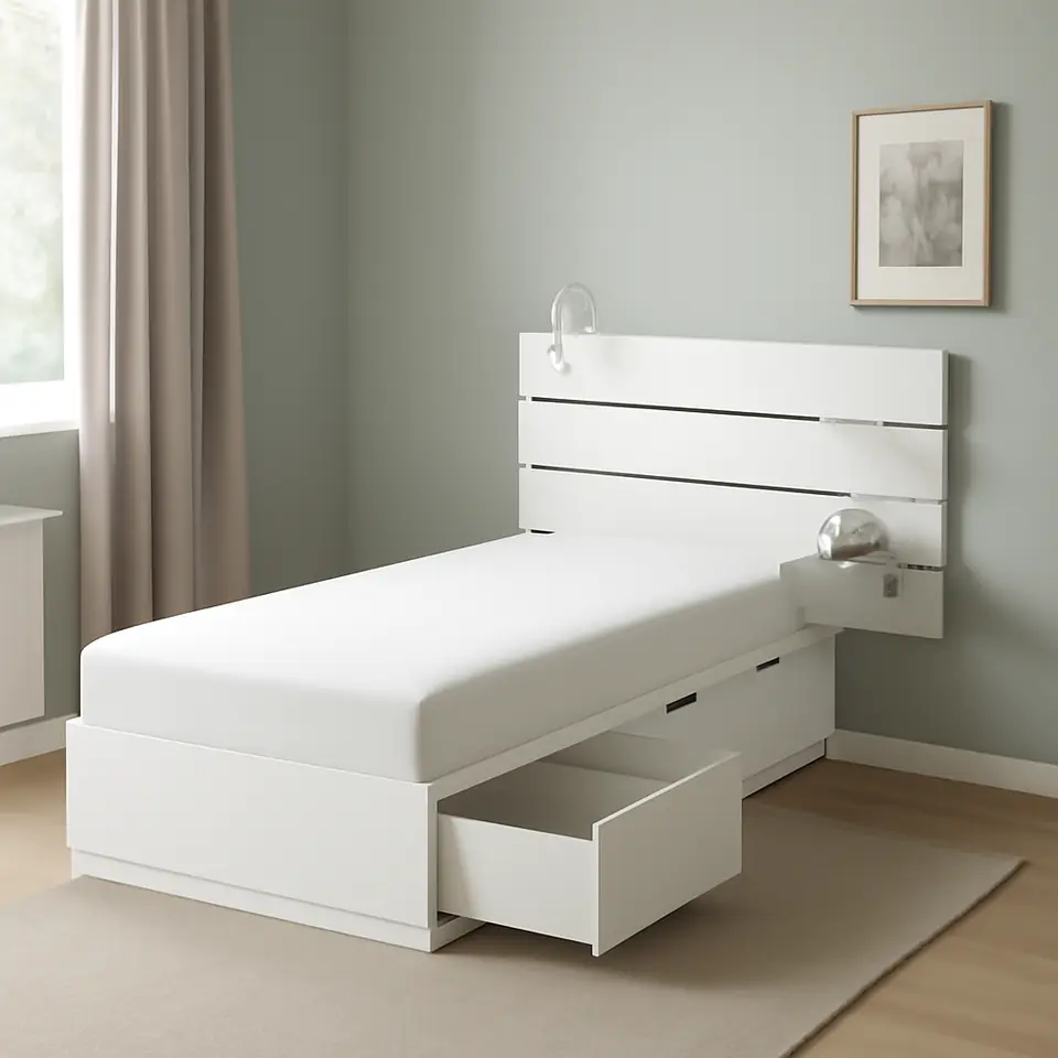 Møbelmontering NORDLI Sengestel m. opbev. og sengegavl, hvid, 90×200 cm | Professionel Møbelmontør