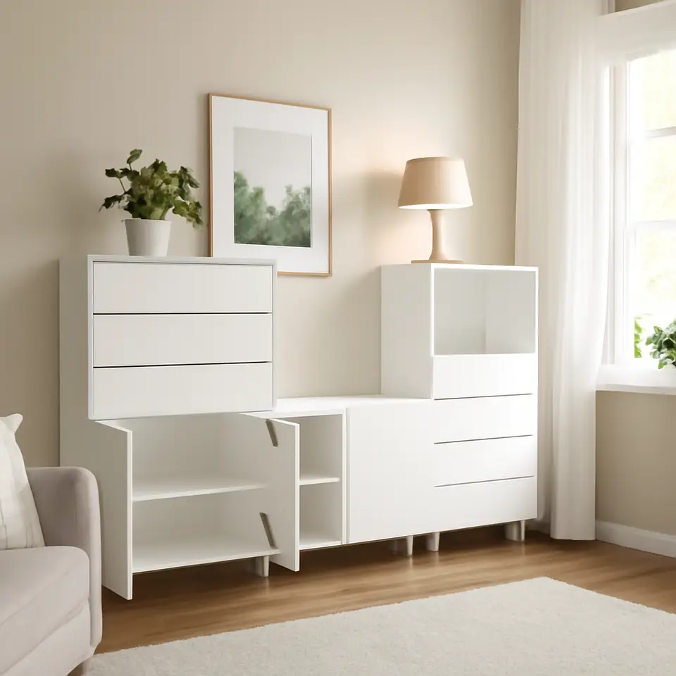 Møbelmontering PLATSA Opbevaringskombination, hvid/Fonnes hvid, 220x42x133 cm | Billig & Hurtig i København