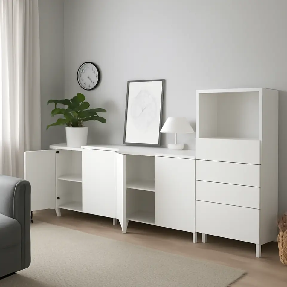 Møbelmontering PLATSA Opbevaringskombination, hvid/Fonnes hvid, 220x42x133 cm | Billig & Hurtig i København