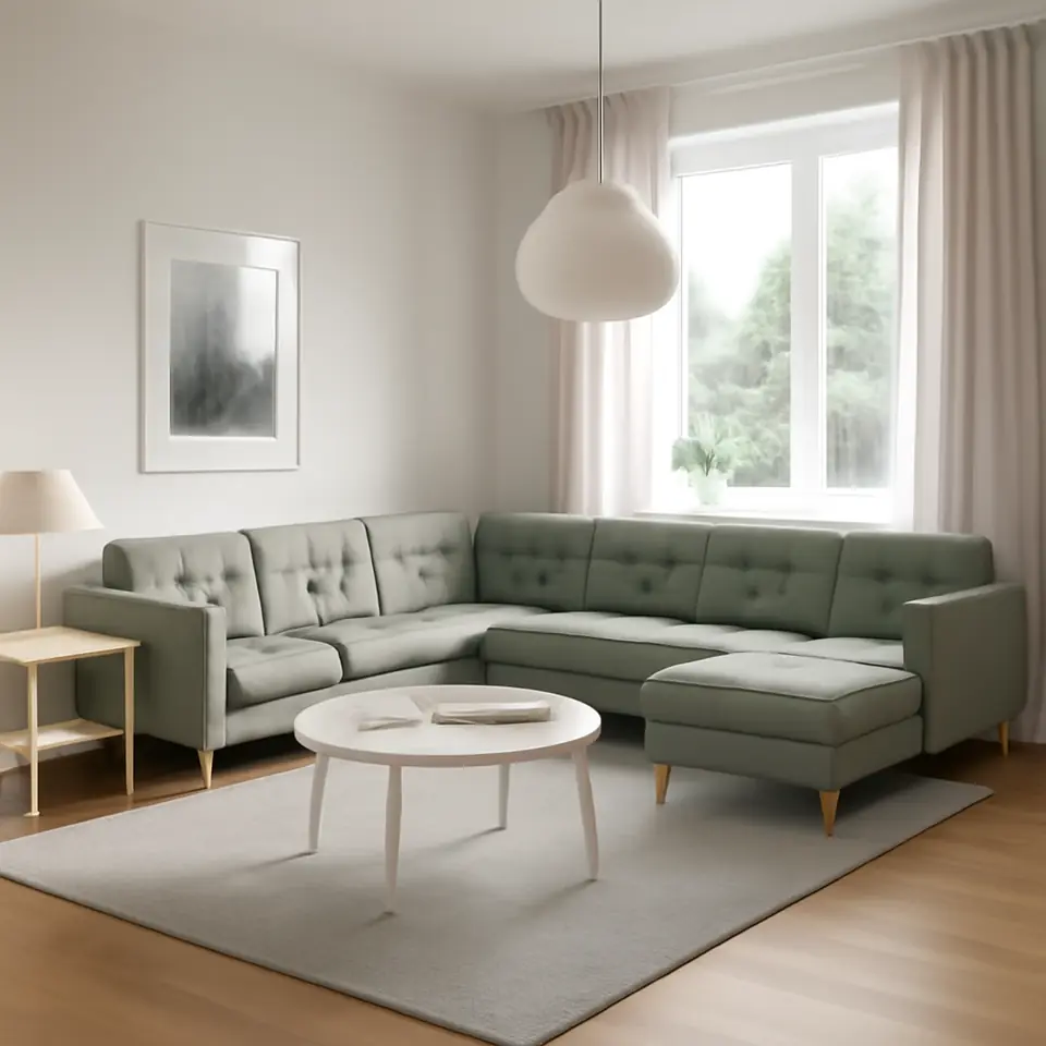Møbelmontering LANDSKRONA Hjørnesofa, 6-pers., med chaiselong/Gunnared lysegrøn/træ | Få et tilbud i dag