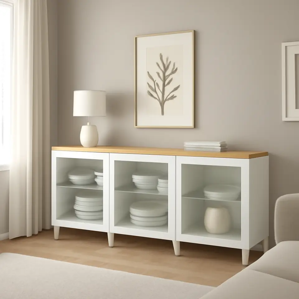 Møbelmontering BESTÅ Opbevaring med låger, hvid/Ostvik/Kabbarp hvidt klart glas, 180x42x76 cm | Samling af Møbler i Rødovre & Kbh