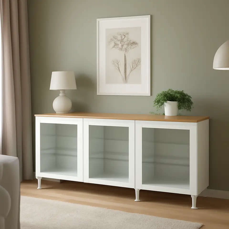 Møbelmontering BESTÅ Opbevaring med låger, hvid/Ostvik/Kabbarp hvidt klart glas, 180x42x76 cm | Fast Pris i Storkøbenhavn
