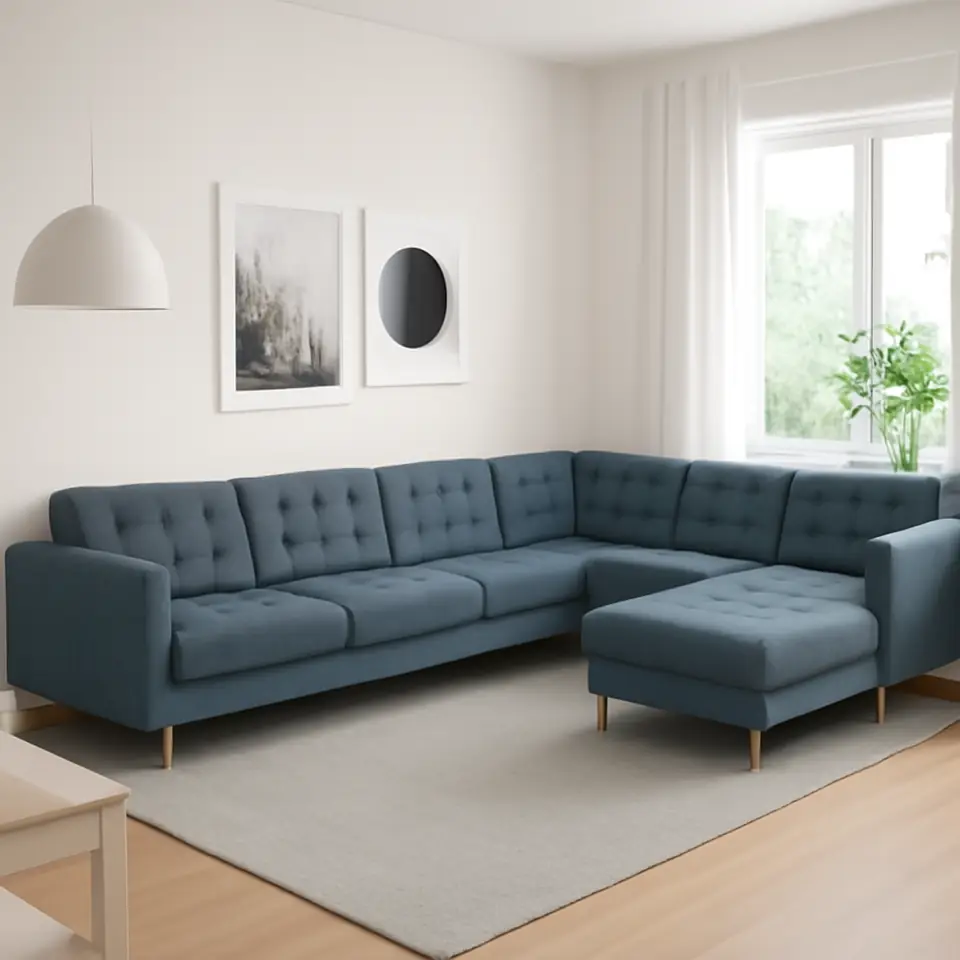 Møbelmontering LANDSKRONA Hjørnesofa, 6-pers., med chaiselong/Gunnared blå/træ | Professionel Møbelmontør