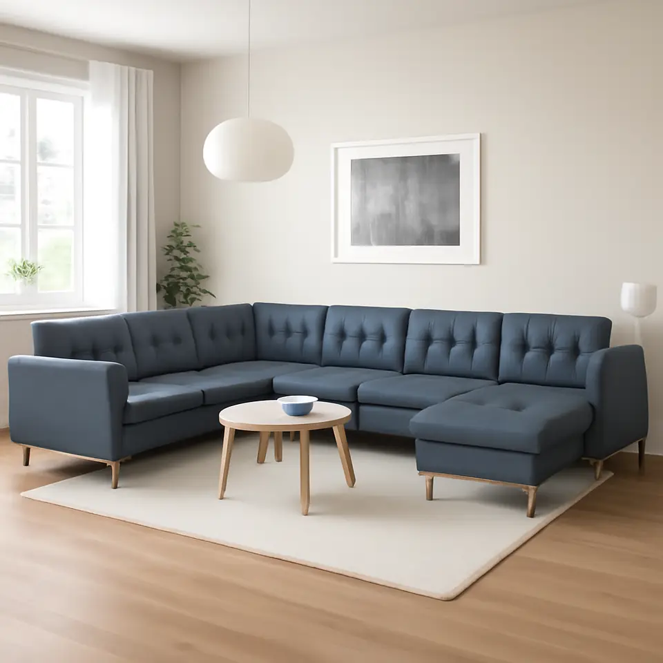Møbelmontering LANDSKRONA Hjørnesofa, 6-pers., med chaiselong/Gunnared blå/træ | Professionel Møbelmontør