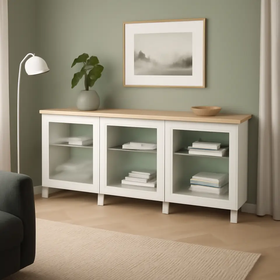 Møbelmontering BESTÅ Opbevaring med låger, hvid/Sindvik/Stubbarp hvidt klart glas, 180x42x76 cm | Fast Pris i Storkøbenhavn