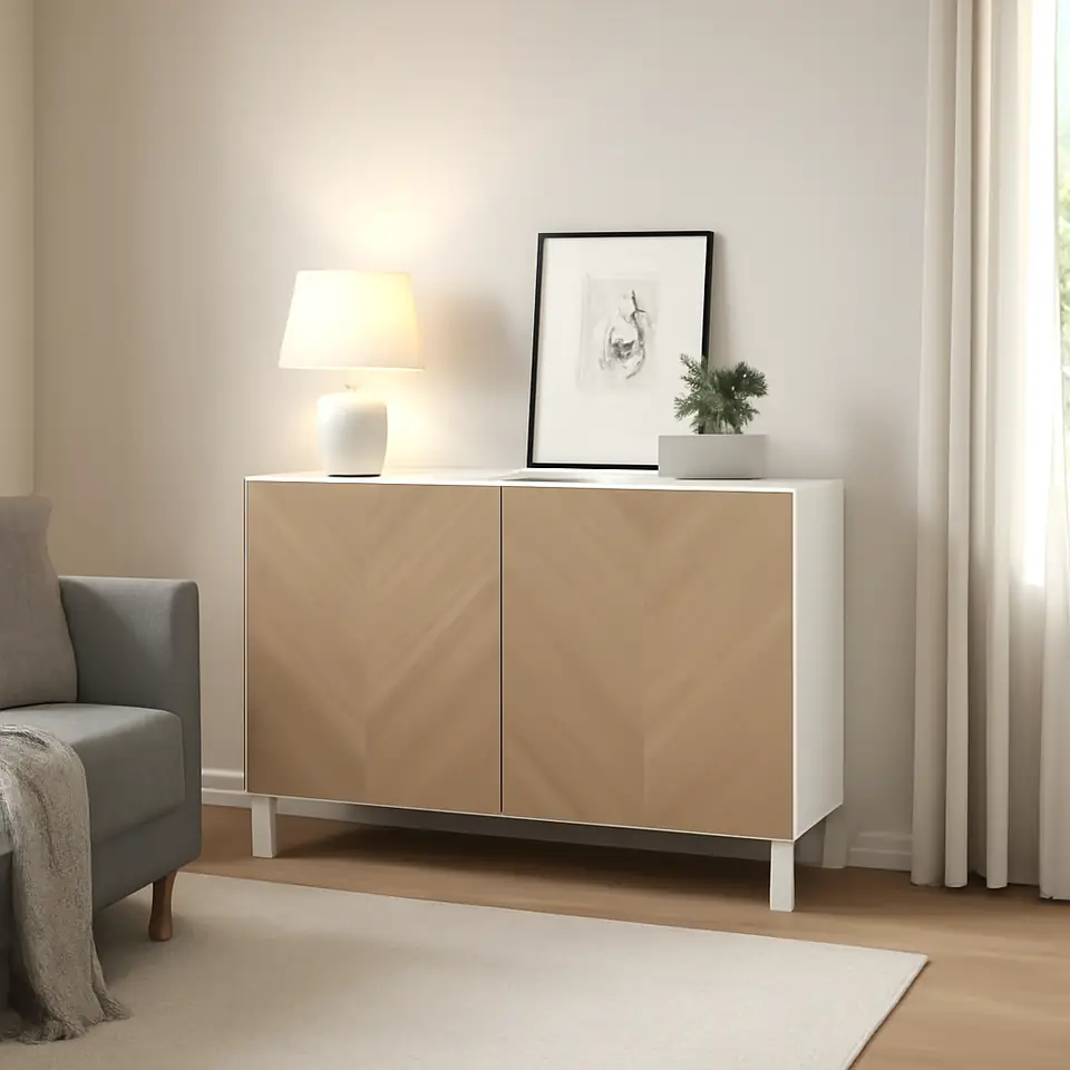 Møbelmontering BESTÅ Opbevaring med låger, hvid/Hedeviken/Stubbarp egetræsfiner, 120x42x74 cm | Fast Pris i Storkøbenhavn