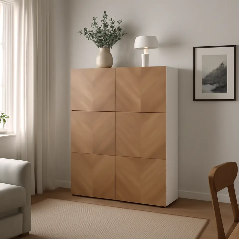 Møbelmontering BESTÅ Opbevaring med låger, hvid/Hedeviken egetræsfiner, 120x42x193 cm | Samling af Møbler i Rødovre & Kbh