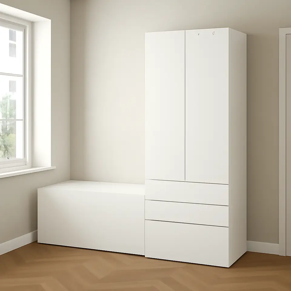 Møbelmontering SMÅSTAD / PLATSA Opbevaringskombination, hvid hvid/med bænk, 150x57x181 cm | Billig & Hurtig i København