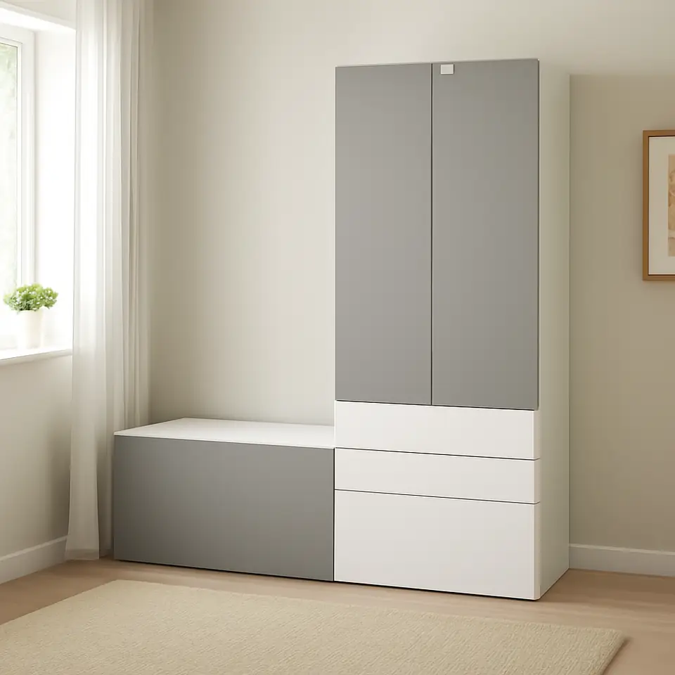 Møbelmontering SMÅSTAD / PLATSA Opbevaringskombination, hvid grå/med bænk, 150x57x181 cm | Billig & Hurtig i København