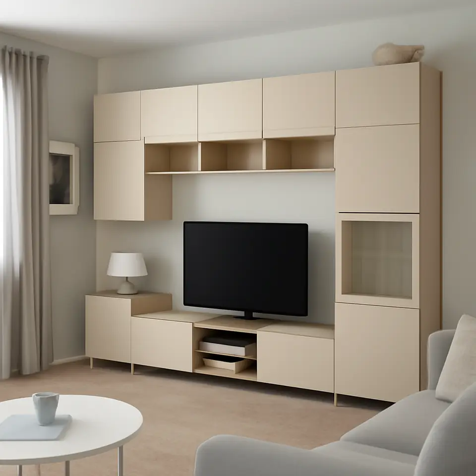 Møbelmontering BESTÅ Tv-møbel m opbevaring/vitrinelåger, egetræsfiner med hvid bejdse Lappviken/Sindvik klart glas, 360x42x240 cm | Fast Pris i Storkøbenhavn