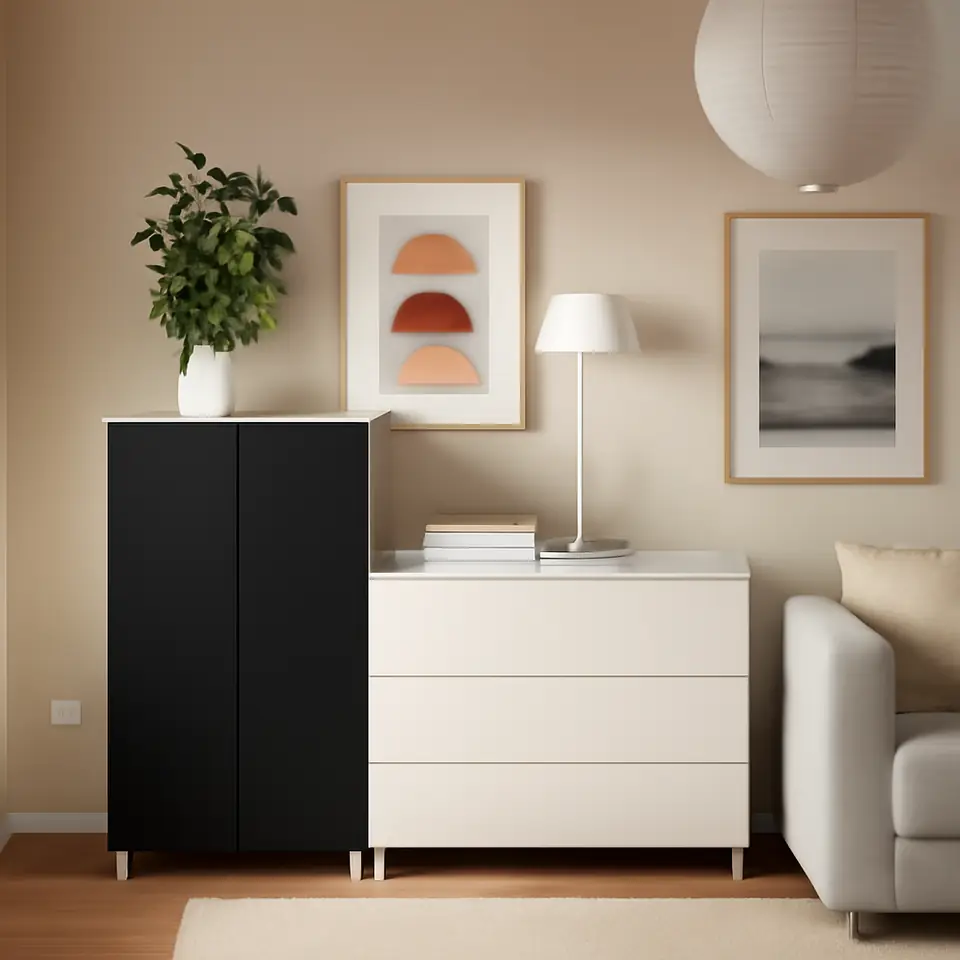 Møbelmontering SMÅSTAD / PLATSA Garderobeskab, hvid tavleoverflade/med to kommoder, 180x57x133 cm | Få et tilbud i dag