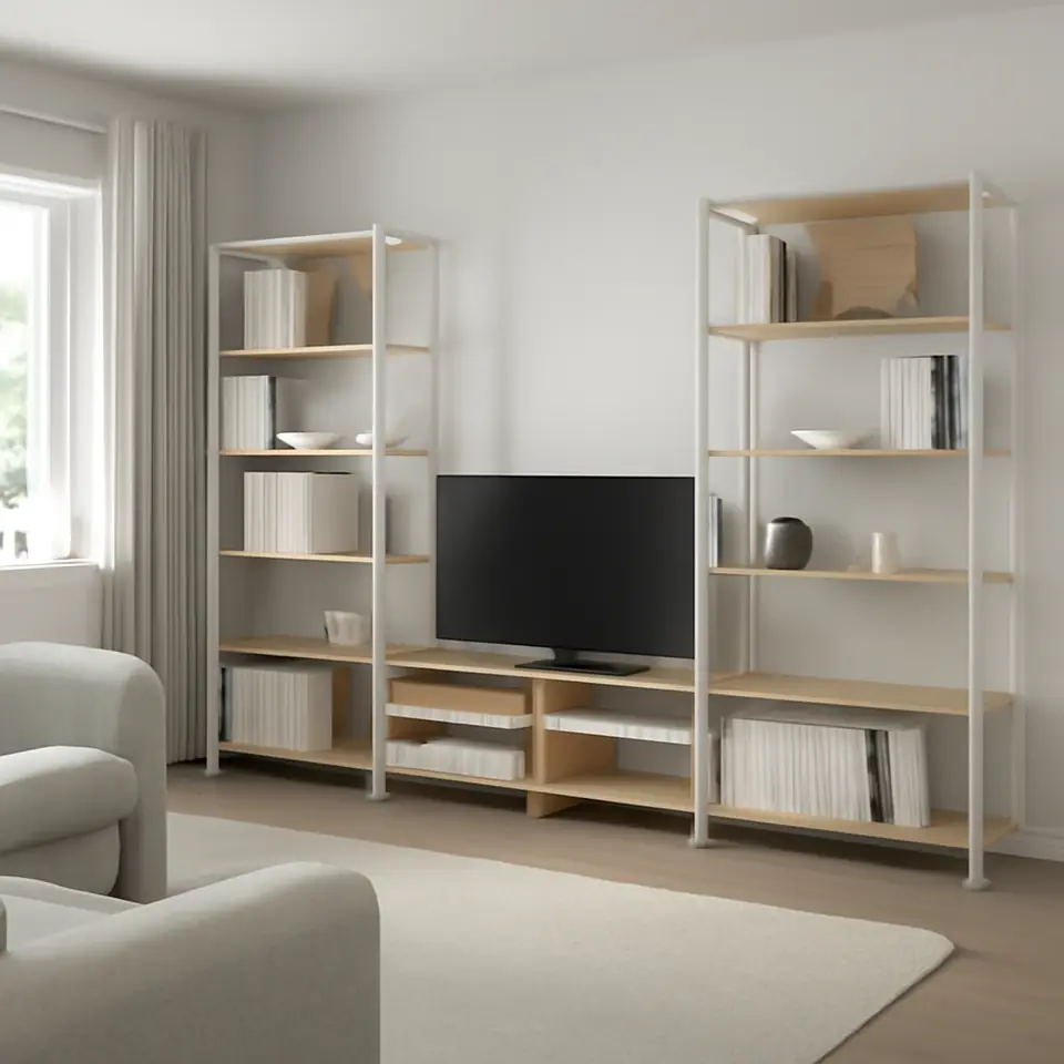 Møbelmontering JÄTTESTA Tv-møbel, kombination, hvid/lys bambus, 320x40x195 cm | Få et tilbud i dag