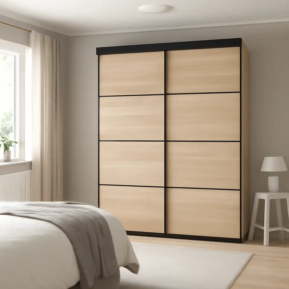 Møbelmontering SKYTTA / MEHAMN Skydedør, kombination, sort/dobbeltsidet egetræsmønster med hvid bejdse, 152×205 cm | Samling af Møbler i Rødovre & Kbh