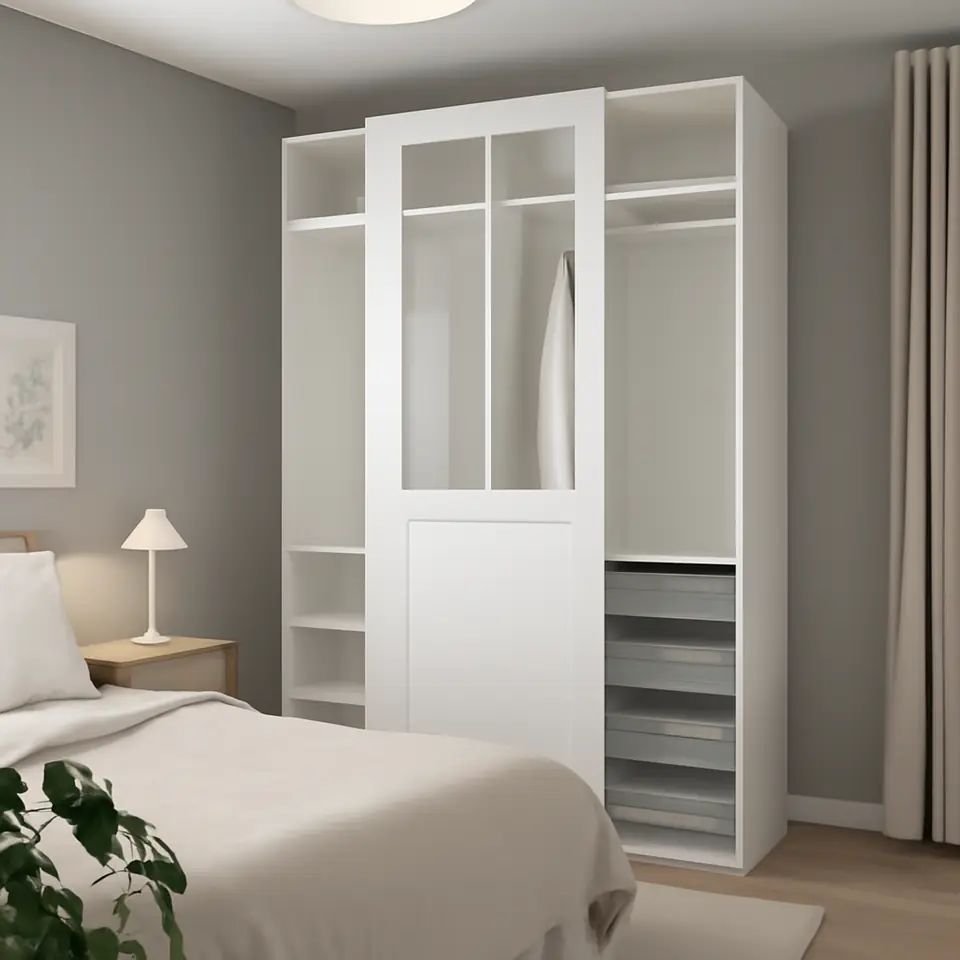 Møbelmontering PAX / GRIMO Garderobe m skydedøre, hvid/klart glas hvid, 150x66x236 cm | Få et tilbud i dag