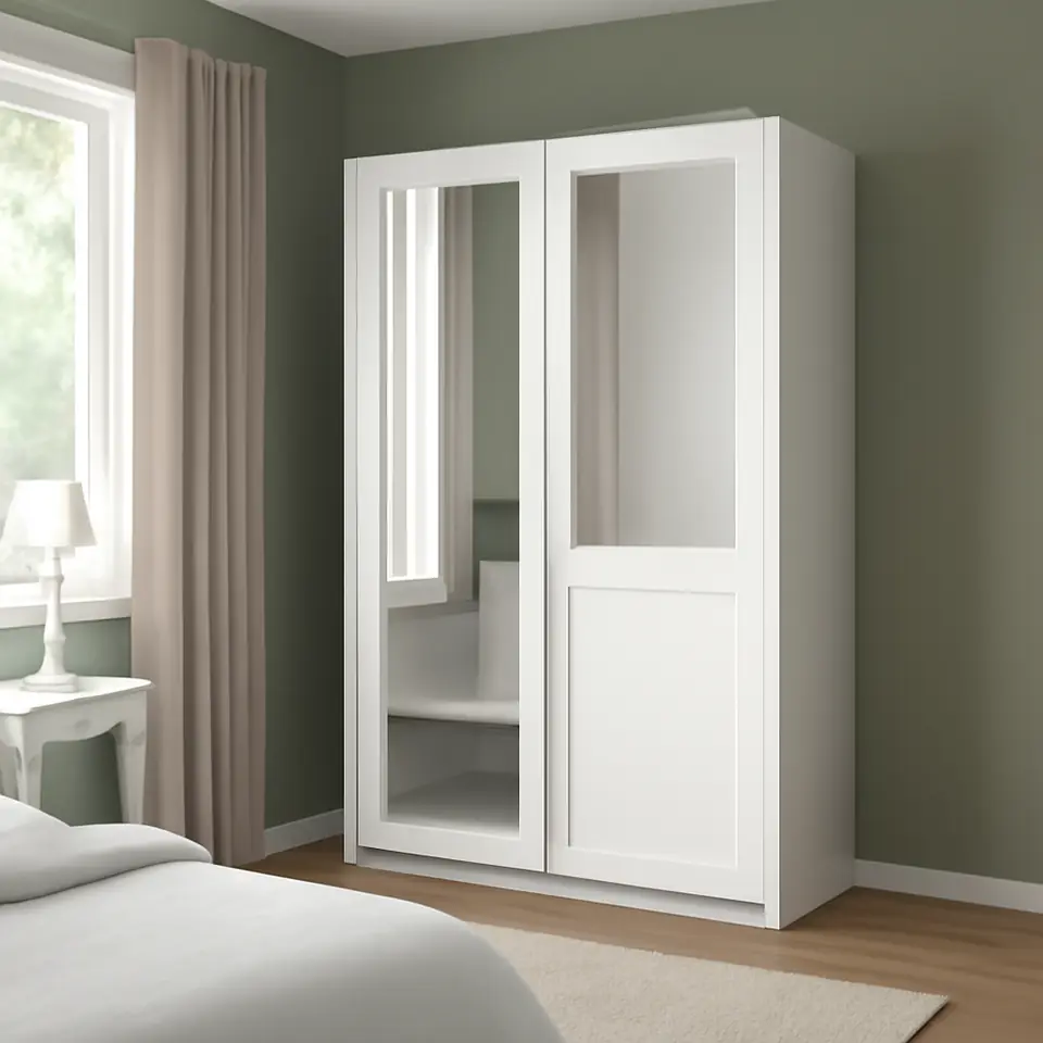 Møbelmontering PAX / GRIMO Garderobe m skydedøre, hvid/klart glas hvid, 150x66x201 cm | Fast Pris i Storkøbenhavn