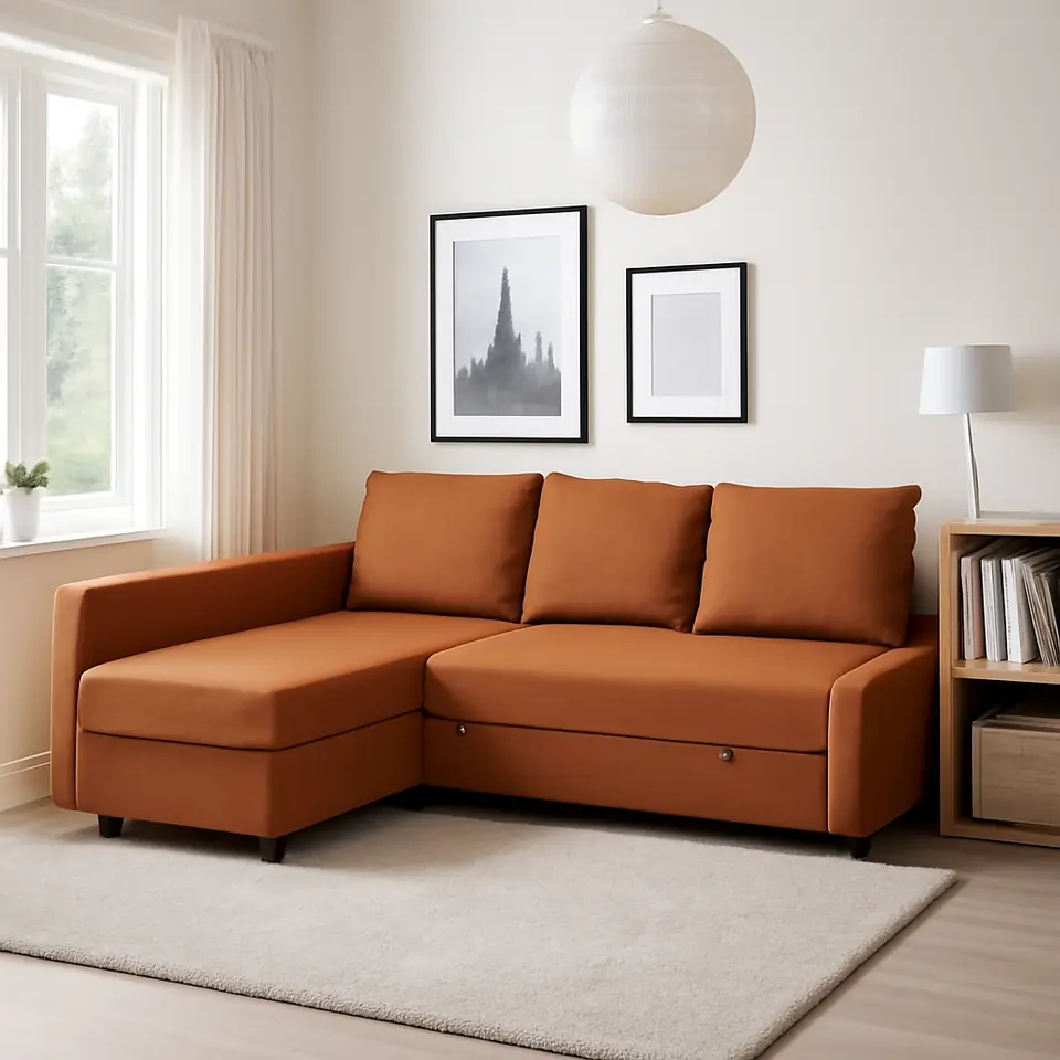 Møbelmontering FRIHETEN Hjørnesovesofa med opbevaring, Faringe brunorange | Fast Pris i Storkøbenhavn