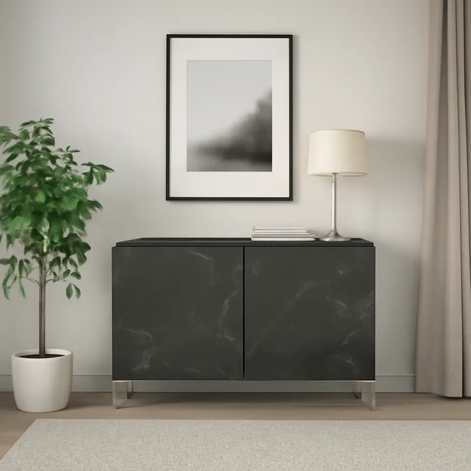 Møbelmontering BESTÅ Opbevaring med låger, mørkegrå Bergsviken/Ösarp/sort marmormønstret, 120x42x74 cm | Samling af Møbler i Rødovre & Kbh