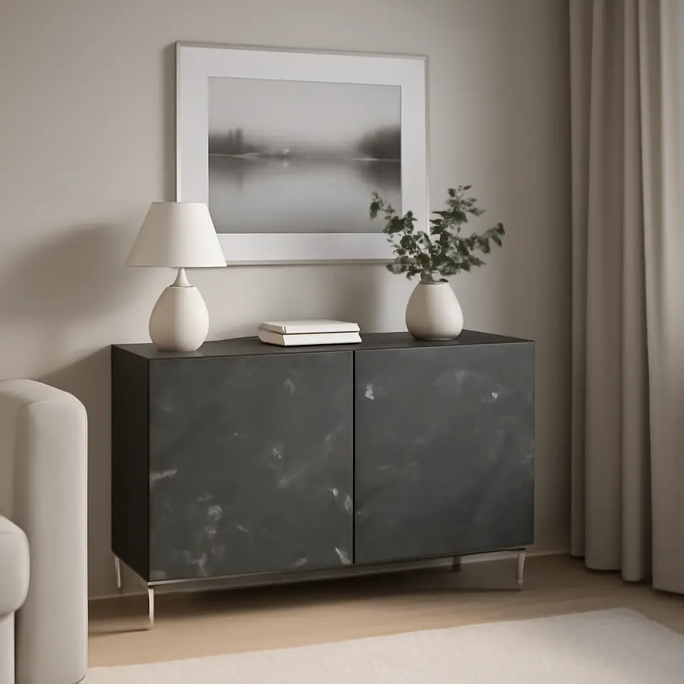 Møbelmontering BESTÅ Opbevaring med låger, mørkegrå Bergsviken/Ösarp/sort marmormønstret, 120x42x74 cm | Billig & Hurtig i København
