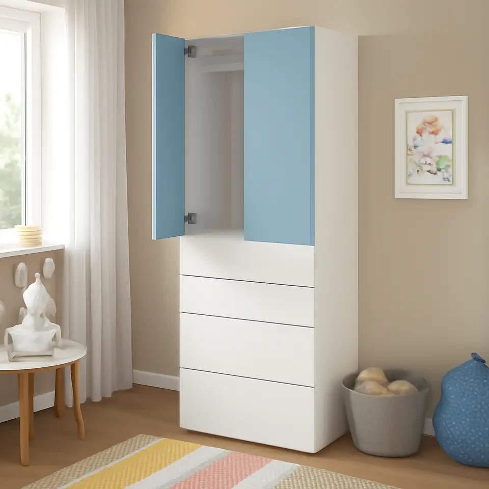 Møbelmontering SMÅSTAD / PLATSA Garderobeskab, hvid blå/med 4 skuffer, 60x57x181 cm | Billig & Hurtig i København
