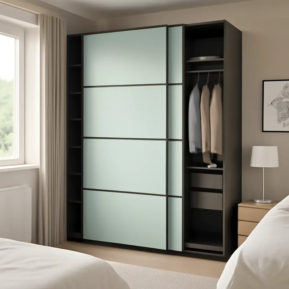 Møbelmontering PAX / MEHAMN Garderobe m skydedøre, mørkegrå/dobbeltsidet lysegrøn, 200x66x236 cm | Få et tilbud i dag