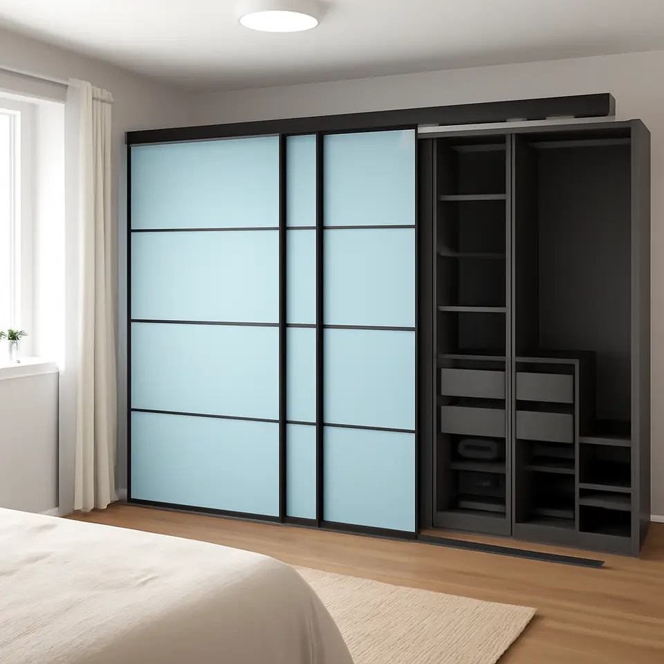Møbelmontering SKYTTA / PAX Walk-in-closet med skydedøre, sort mørkegrå/Mehamn lyseblå, 276x160x205 cm | Samling af Møbler i Rødovre & Kbh