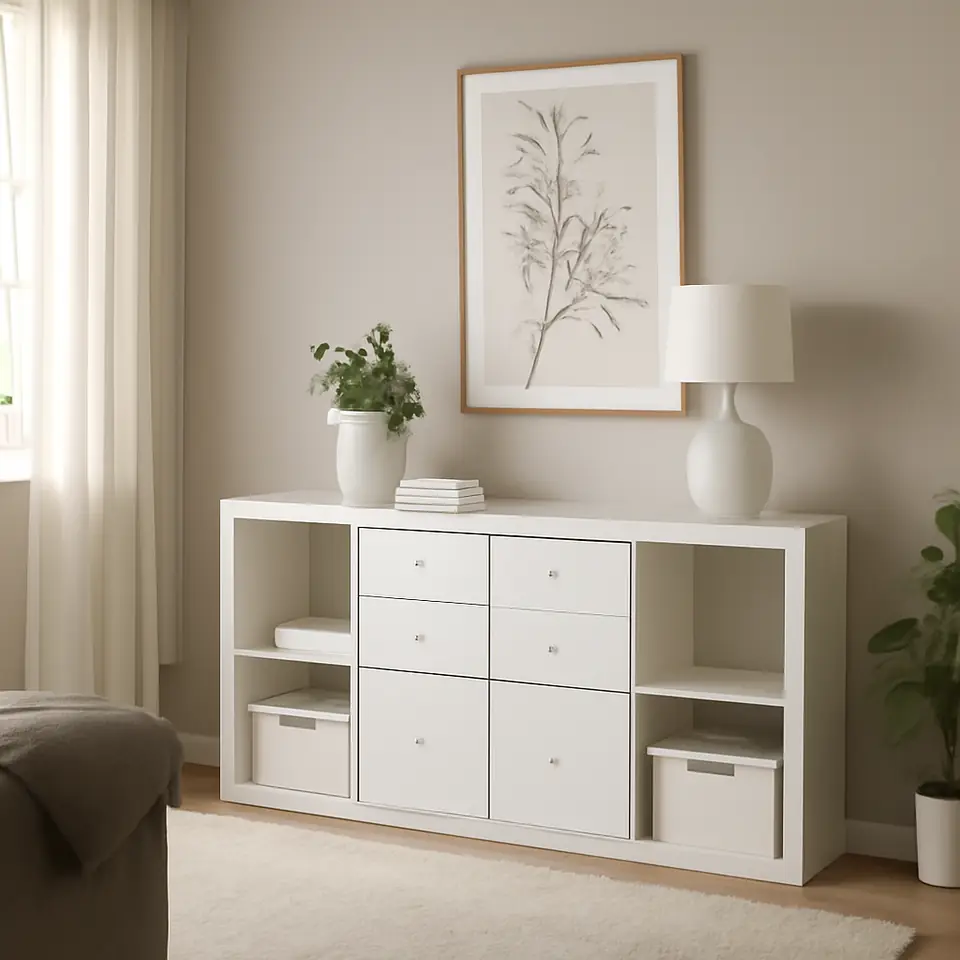 Møbelmontering KALLAX Reol, med 4 skuffer/med to hyldeindsatser hvid, 147×77 cm | Fast Pris i Storkøbenhavn