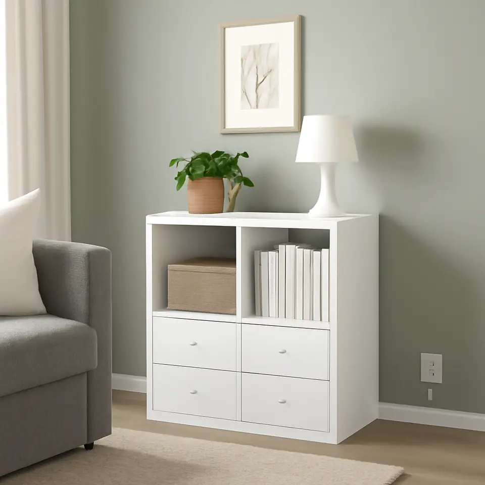 Møbelmontering KALLAX Reol, med 4 skuffer/hvid, 77×77 cm | Billig & Hurtig i København
