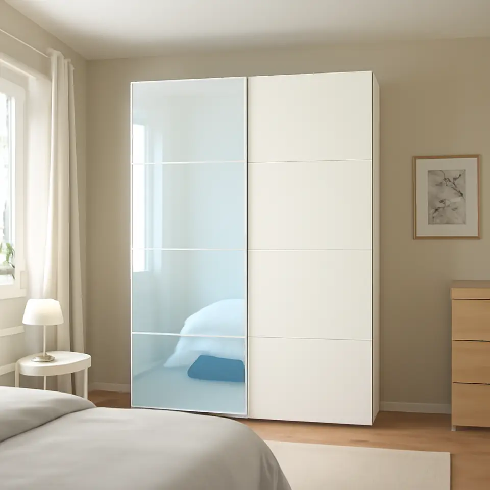 Møbelmontering AULI / MEHAMN Skydedørspar, hvid spejl/dobbeltsidet hvid, 150×236 cm | Fast Pris i Storkøbenhavn