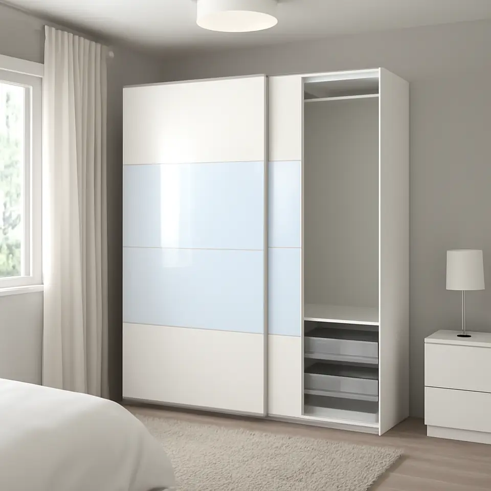 Møbelmontering PAX / MEHAMN/AULI Garderobe m skydedøre, hvid dobbeltsidet/hvid spejl, 200x66x201 cm | Fast Pris i Storkøbenhavn