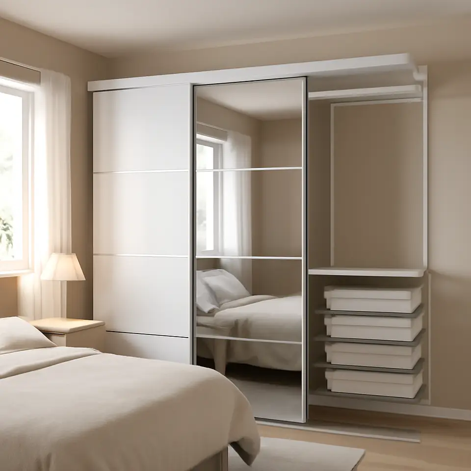 Møbelmontering SKYTTA / BOAXEL Walk-in-closet med skydedøre, aluminium/Auli spejl, 251x115x205 cm | Billig & Hurtig i København