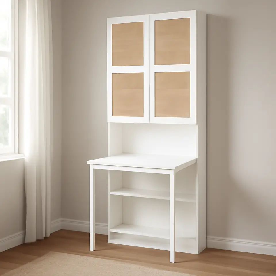 Møbelmontering BILLY / HÖGADAL Reol med skrivebord, hvid/flettet bambus, 80×202 cm | Fast Pris i Storkøbenhavn