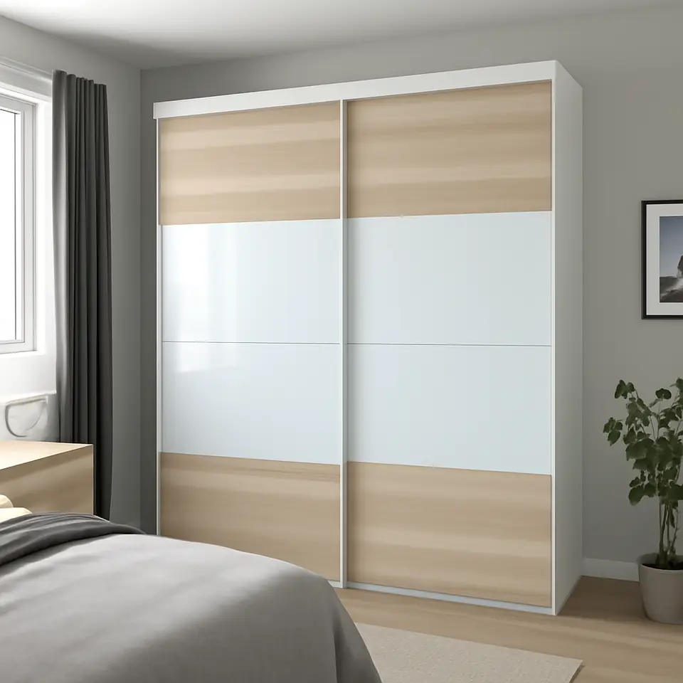 Møbelmontering SKYTTA / MEHAMN/AULI Skydedør, kombination, hvid/egetræsmønster med hvid bejdse spejl, 202×240 cm | Få et tilbud i dag