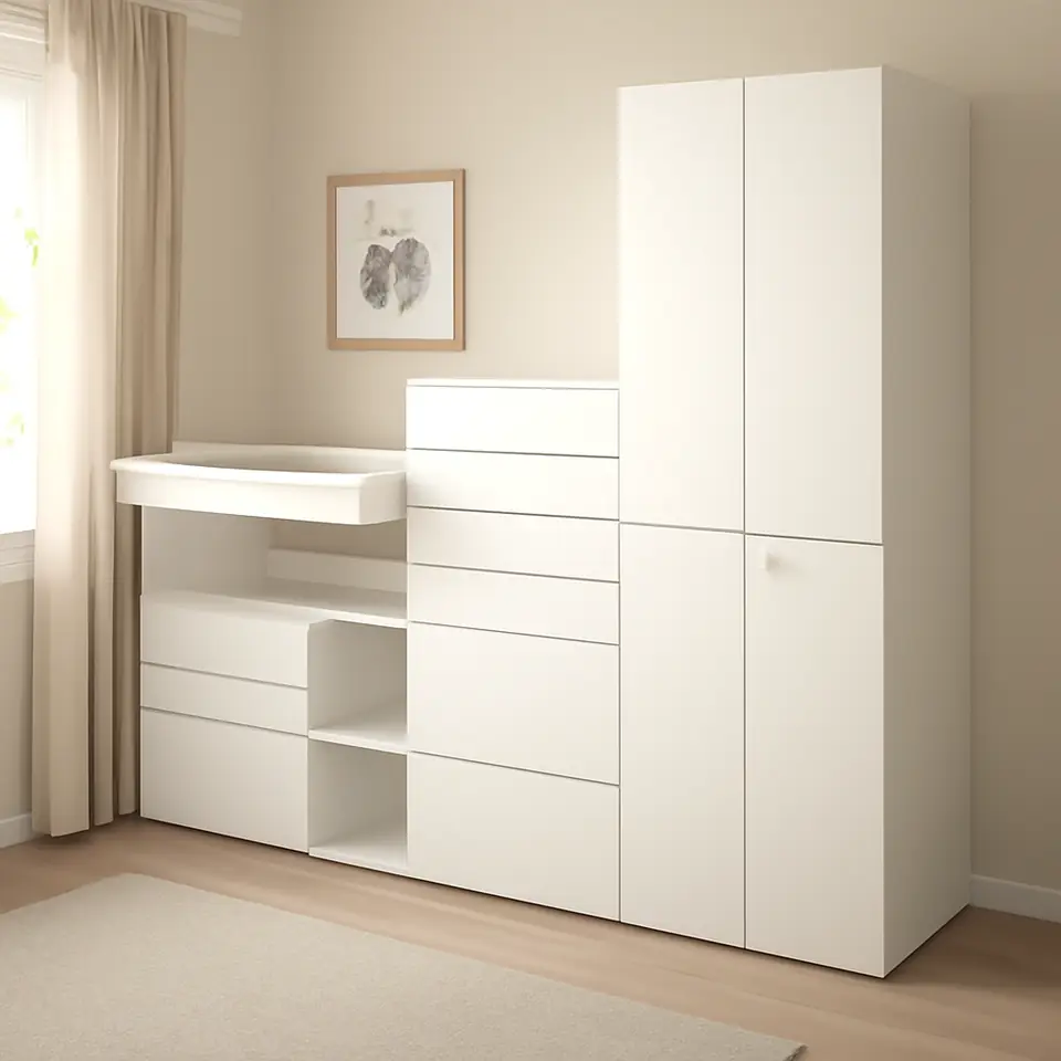 Møbelmontering SMÅSTAD / PLATSA Opbevaringskombination, hvid hvid/med puslebord, 210x79x181 cm | Få et tilbud i dag