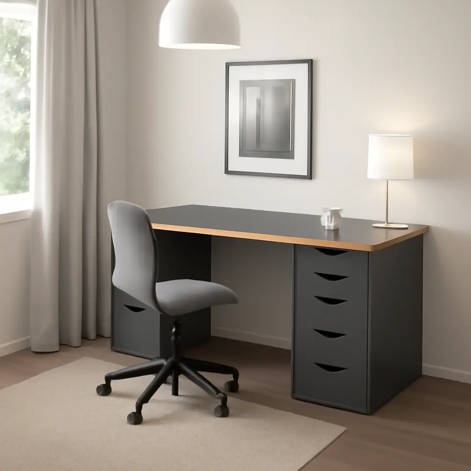 Møbelmontering LAGKAPTEN / ALEX Skrivebord, grå/træmønster, 140×60 cm | Professionel Møbelmontør