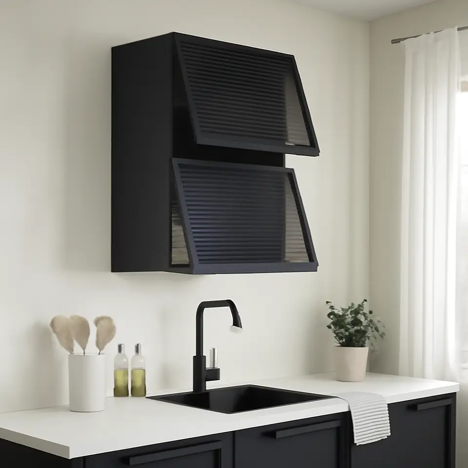 Møbelmontering METOD Horisontalt vægskab m 2 vitrinelåge, gråsort/Hejsta antracit rillet glas, 60×80 cm | Billig & Hurtig i København