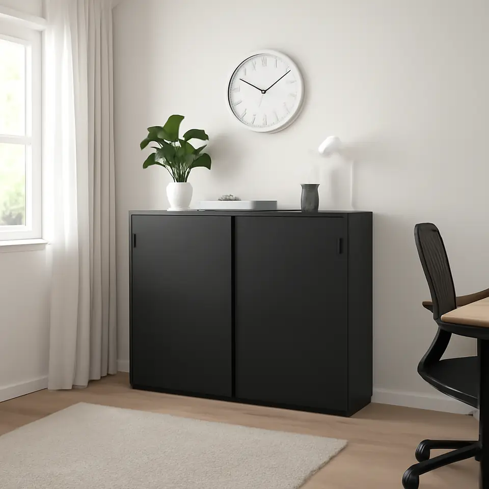 Møbelmontering GALANT Skab med skydedøre, asketræsfiner med sort bejdse, 160×120 cm | Professionel Møbelmontør