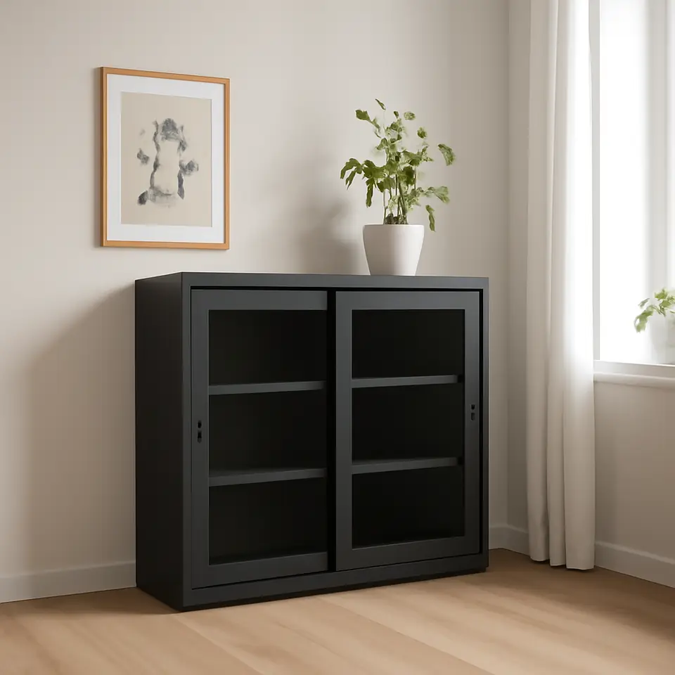 Møbelmontering VIHALS Vitrineskab med skydelåger, mørkegrå, 95x37x90 cm | Billig & Hurtig i København