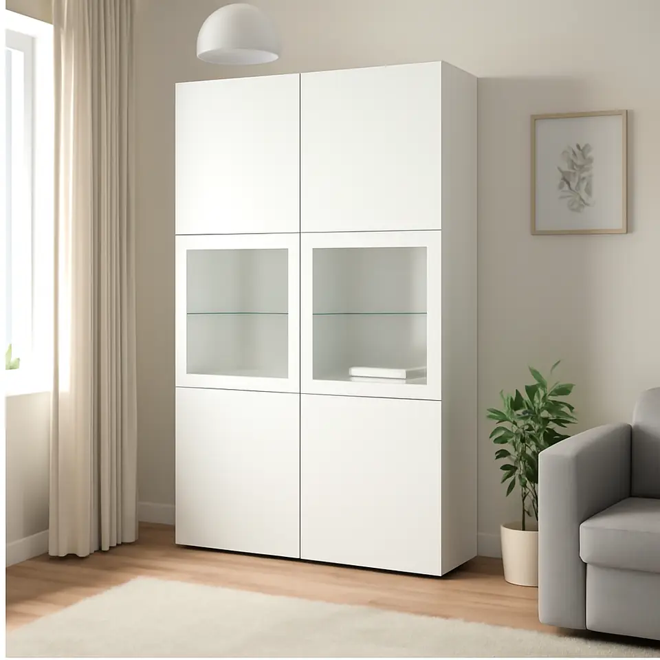 Møbelmontering BESTÅ Opbevaringsløsning med vitrinelåger, hvid Lappviken/Sindvik hvidt klart glas, 120x42x193 cm | Fast Pris i Storkøbenhavn