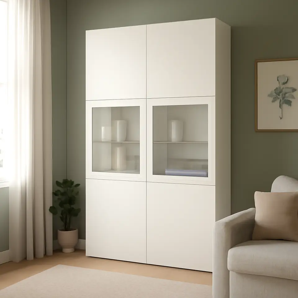 Møbelmontering BESTÅ Opbevaringsløsning med vitrinelåger, hvid Lappviken/Sindvik hvidt klart glas, 120x42x193 cm | Billig & Hurtig i København