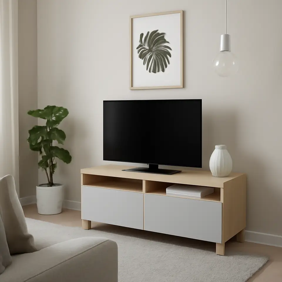 Møbelmontering BESTÅ Tv-bord med skuffer, egetræsmønster med hvid bejdse/Lappviken/Stubbarp lysegrå, 120x42x48 cm | Samling af Møbler i Rødovre & Kbh